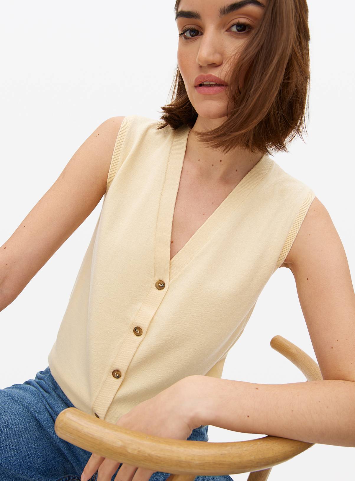 Light Yellow Button Soft Touch Sleeveless Vest 20 - Image 3